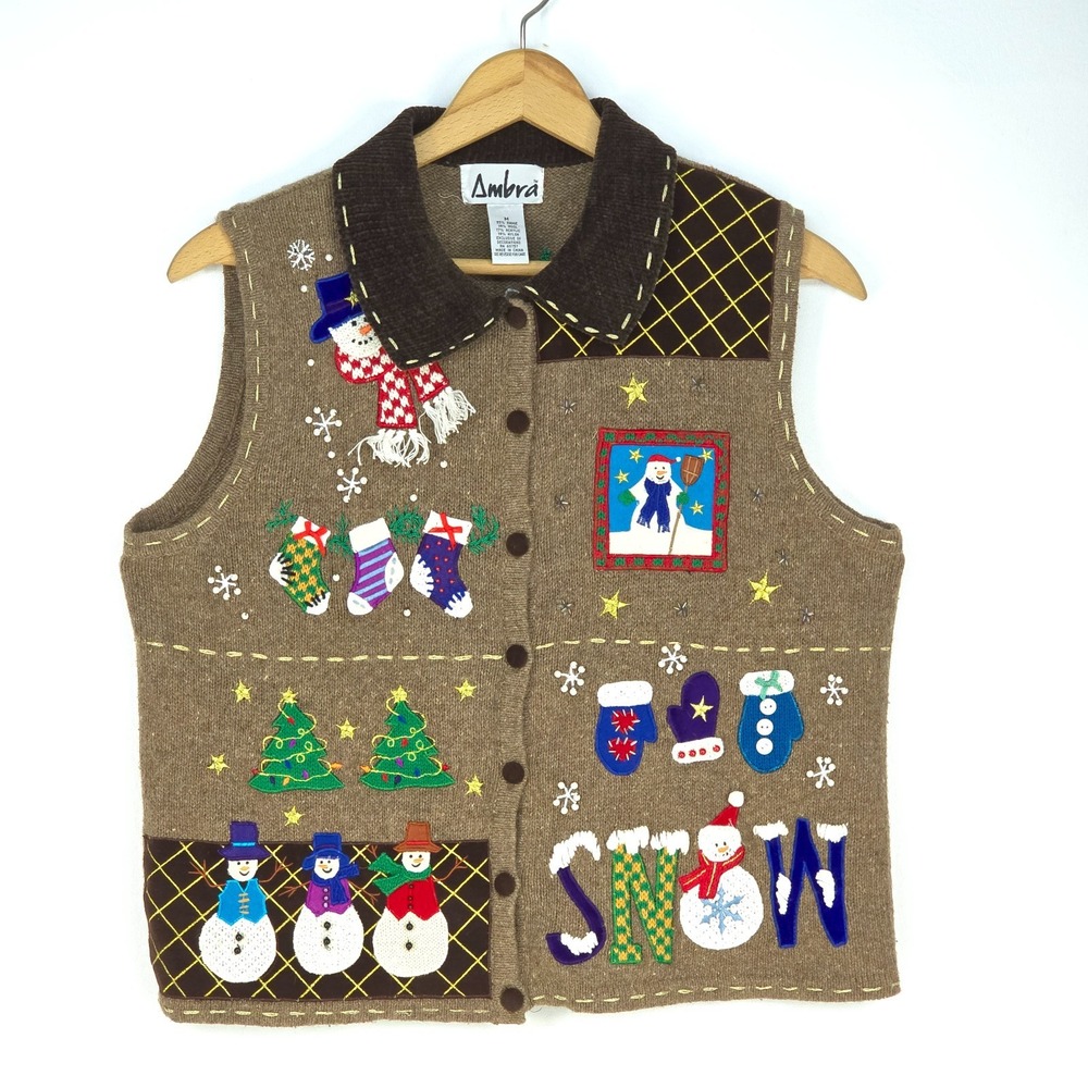 Ambra Patchwork Christmas Sweater Button Up Vest Women Medium Cottagecore Granny